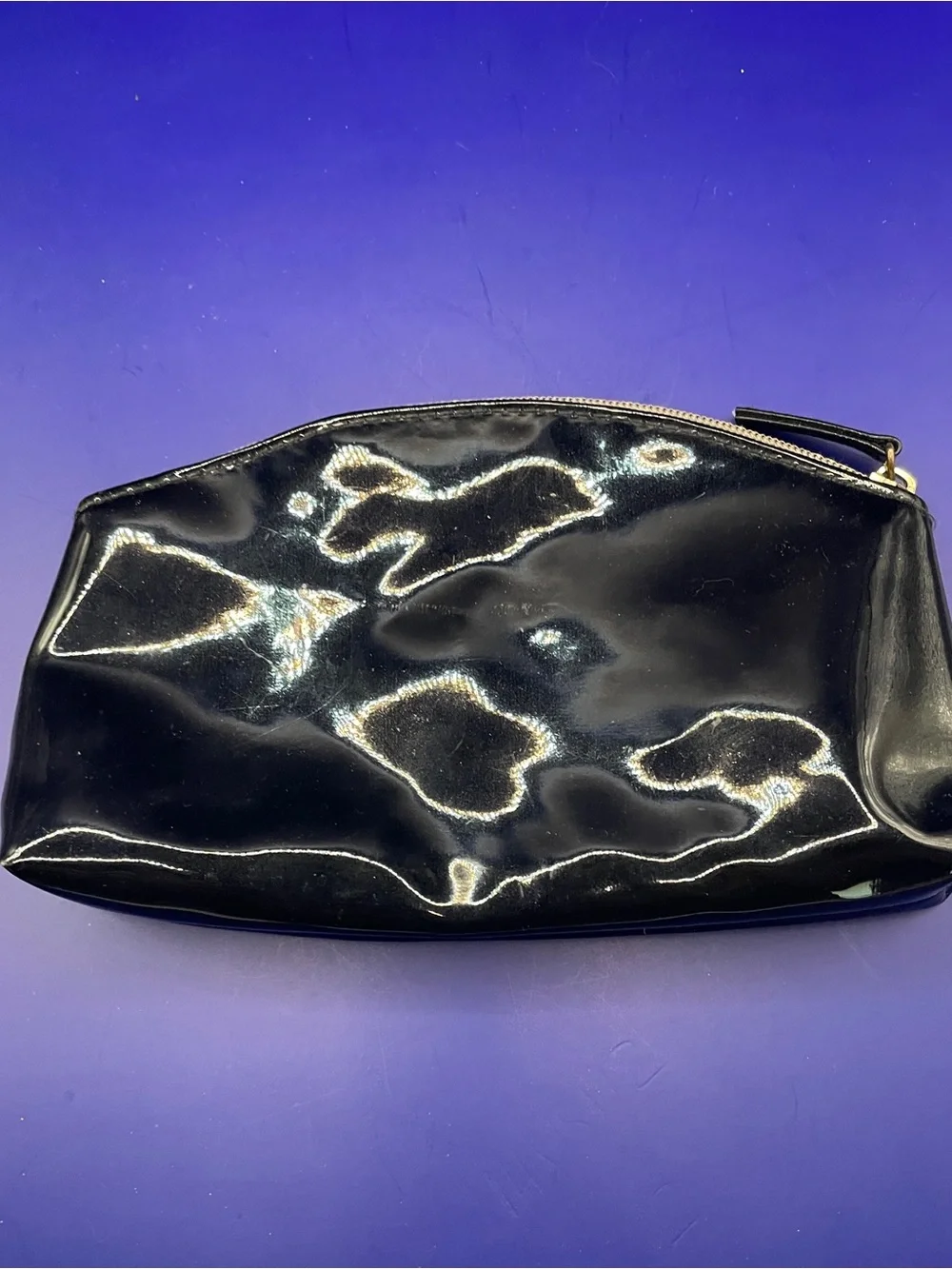 Vintage Glossy Black Patent Leather Cosmetic Bag Gold Zipper Small